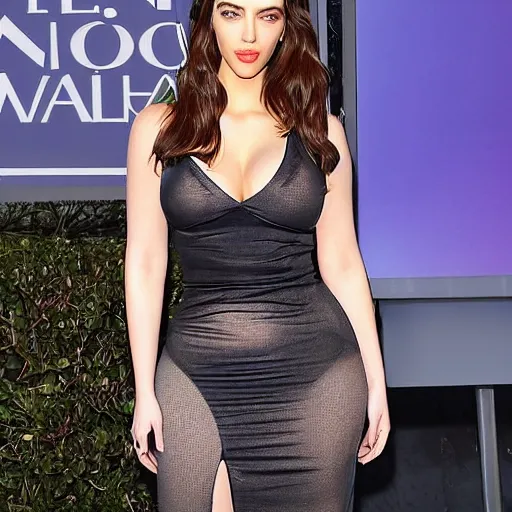 Image similar to a woman who is a genetic combination of kim kardashian and kat dennings and scarlett johansson and margot robbie and emma watson, face and upper - body focus