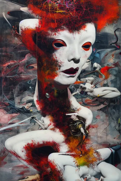 Image similar to the physical impossibility of death, in a brutalist designed space ship, hauntingly surreal, gothic, rich deep colours, painted by francis bacon, adrian ghenie, james jean and petra cortright, part by gerhard richter, part by takato yamamoto. 8 k masterpiece