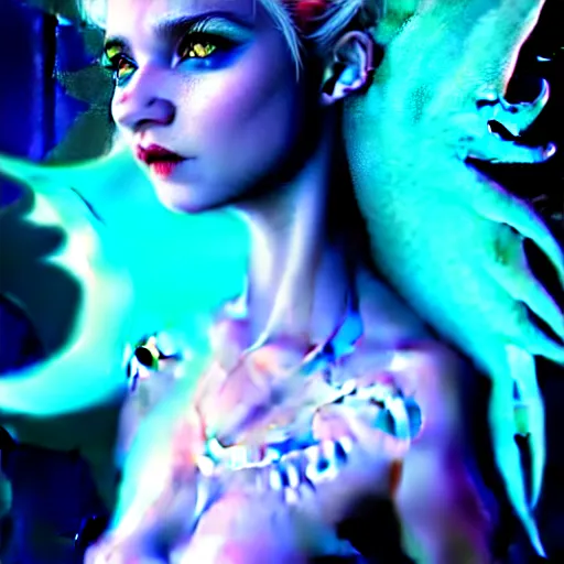 Image similar to The dragon girl portrait, portrait of young girl half dragon half human, dragon girl, dragon skin, dragon eyes, dragon crown, blue hair, long hair, highly detailed, cinematic lighting, Matte painting by David Lynch