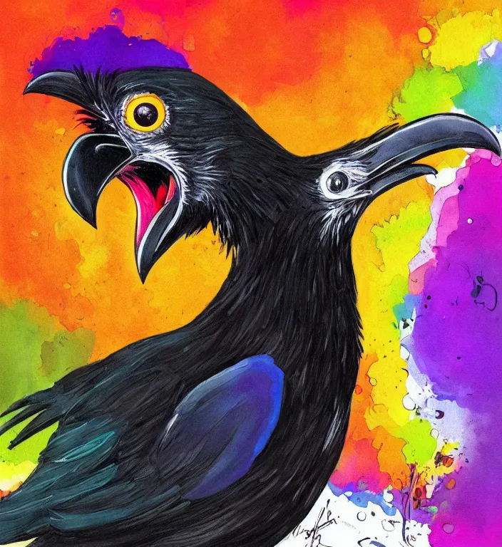 Image similar to colorful illustration of happy raven bird, by zac retz and junji ito