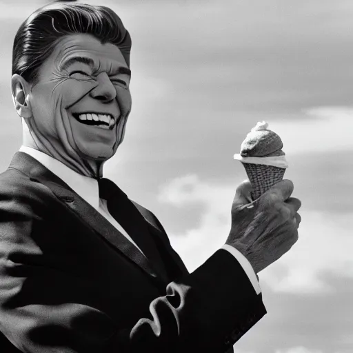 Image similar to ronald reagan enjoying an ice cream cone, monochrome 4 k