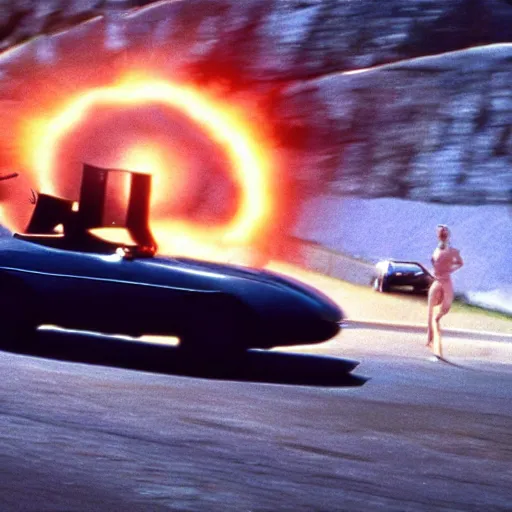 Image similar to man chased by a flying car, movie still of James bond, highly detailed