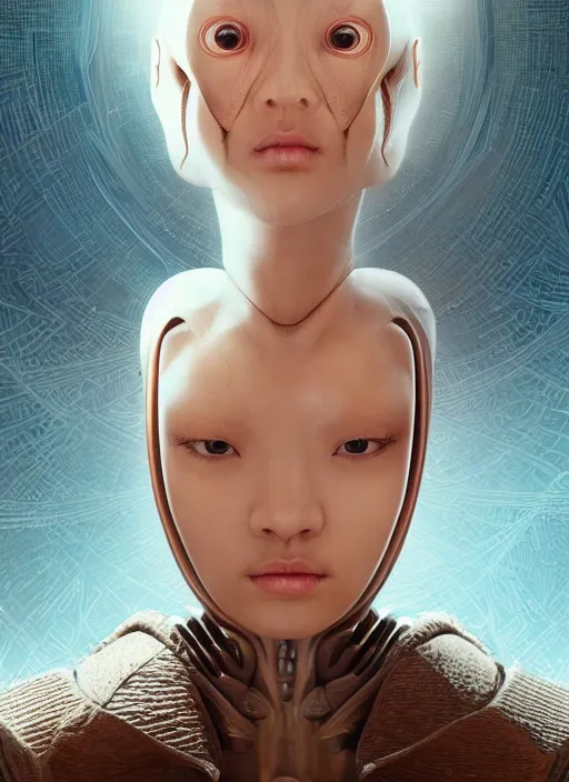 Image similar to beautiful portrait of an alien cyborg, style of Feng Zhu, Artstation geometric, aesthetic, big eyes, smooth skin, angelic, dreamlike, unique features, symmetrical, intricate crown, high fashion, streetwear, cyberpunk, detailed, octane render, cinematic, 8k, brown skin, retro sci fi film, Stanisław Szukalski + Moebius,