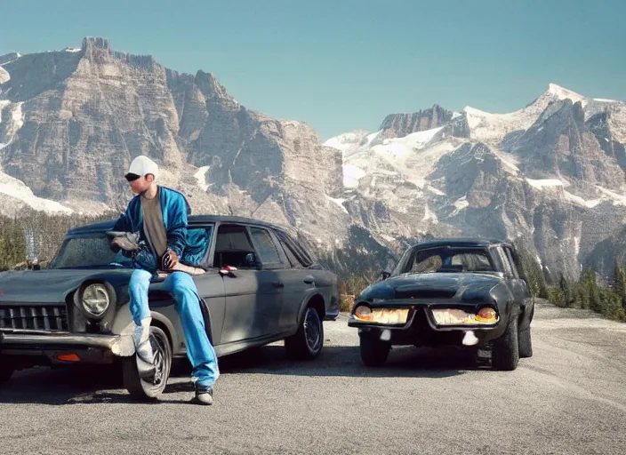 Image similar to a very high resolution image from a new movie, eminem shooting a car. mountains, directed by wes anderson