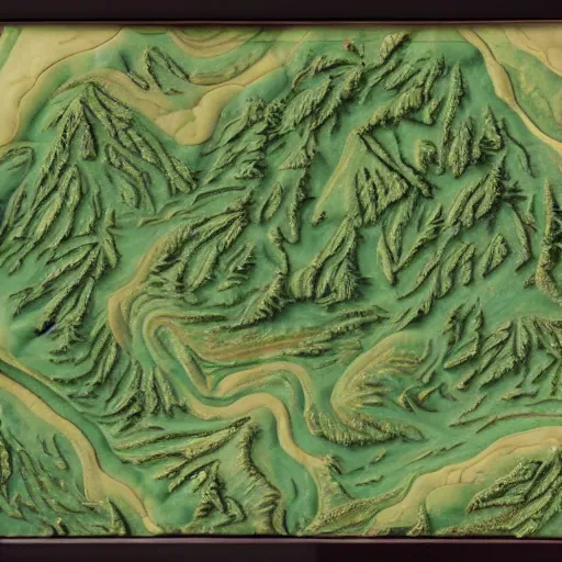 Image similar to a view of a forest on a topographical map painted in the style of michael menzel