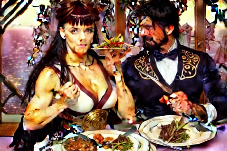 Image similar to xena warrior princess eating at a restaurant, with a hispanic man in a suit as her companion, art by artgerm and greg rutkowski and alphonse mucha