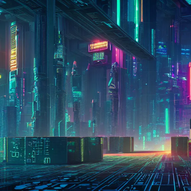 Image similar to 3 d render of, in the distance a cyberpunk blockchain city is seen, blockchain, symmetry, painted, intricate, volumetric lighting, beautiful, rich deep colors masterpiece, sharp focus, ultra detailed, in the style of dan mumford and marc simonetti