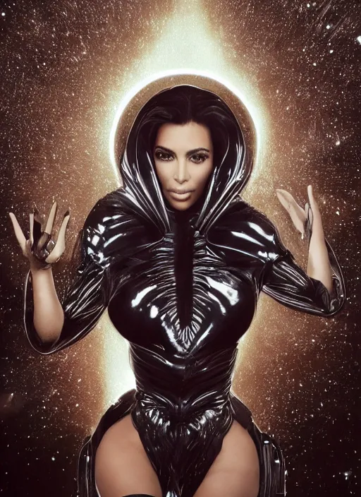 Image similar to photo still full pov of a kim kardashian with a alien facehugger over her face, cinematic full shot.