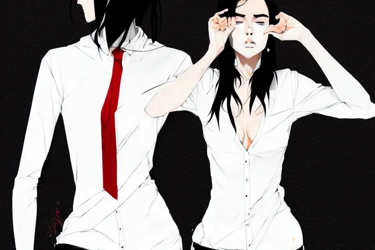 Image similar to a ultradetailed full body portrait of a woman dressed in a white shirt with a tie, by conrad roset, greg rutkowski and makoto shinkai trending on artstation