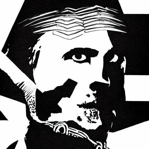 Image similar to black and white pen and ink!!!! rugged royal masonic goetic!! Frank Zappa x Ryan Gosling golden!!!! Vagabond!!!! floating magic swordsman!!!! glides through a beautiful!!!!!!! battlefield dramatic esoteric!!!!!! pen and ink!!!!! illustrated in high detail!!!!!!!! by Junji Ito and Hiroya Oku!!!!!!!!! graphic novel published on 2049 award winning!!!! full body portrait!!!!! action exposition manga panel black and white Shonen Jump issue by David Lynch and Ari Aster beautiful line art Araki