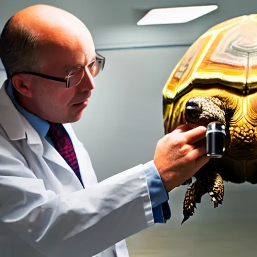 Image similar to doctor using a stethoscope to examine a tortoise under bright operating room lights, closeup, wide angle, backlit