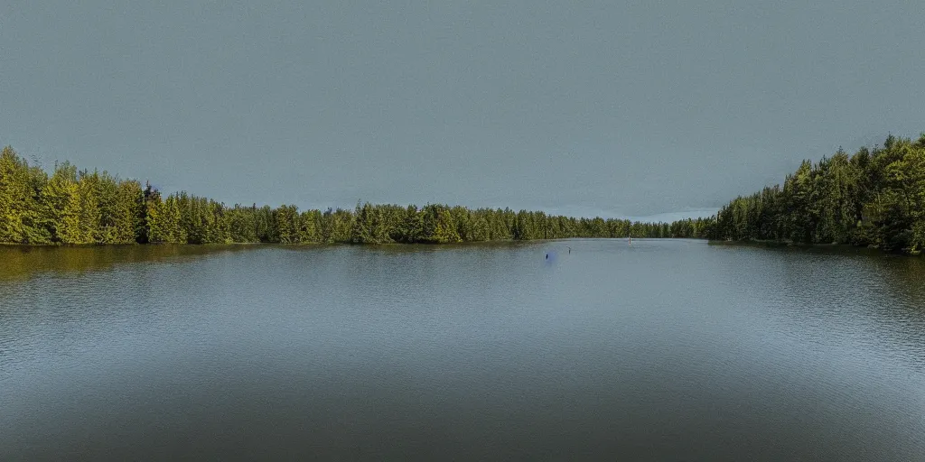 Image similar to centered photograph of a infintely long rope zig zagging across the surface of the water into the distance, floating submerged rope stretching out towards the center of the lake, a dark lake on a cloudy day, color film, trees in the background, hyper - detailed photo, anamorphic lens