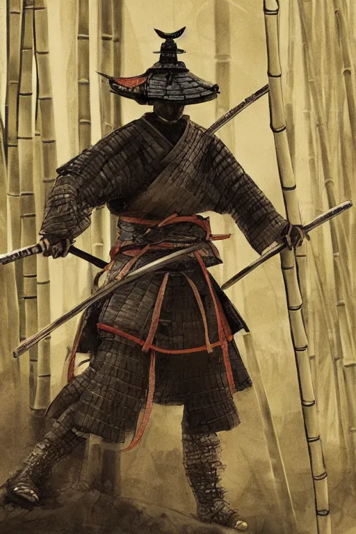 Prompt: close up of samurai warrior in a bamboo forest, a realistic illustration by david benzal, eddie mendoza