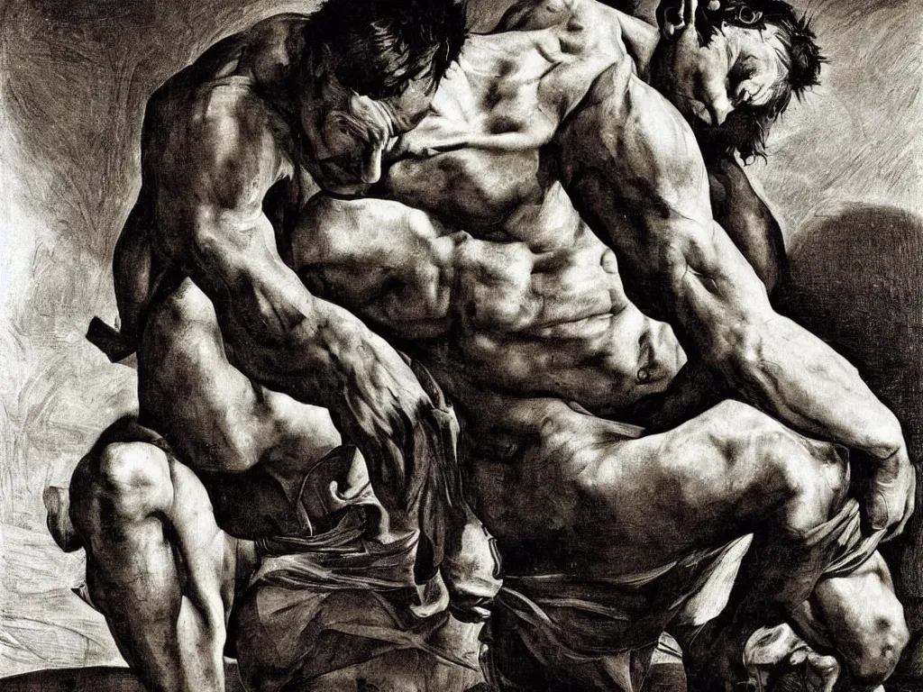 Image similar to Calvin, The tired, sweaty, muscular worker of the golden arches. Painting by Caravaggio, Sebastiao Salgado