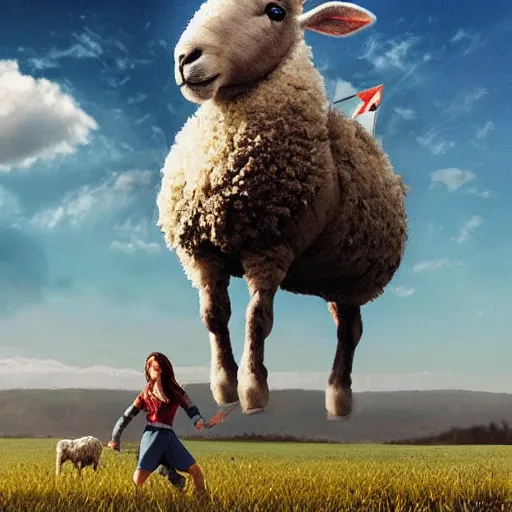 Image similar to girl riding a giant sheep in a field, trending on artstation