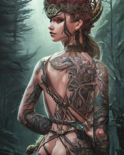 Prompt: a tattooed beautiful female warrior wearing a magical leotard in a magical forest, hyper realistic face, beautiful eyes, close up, fantasy art, in the style of greg rutkowski, illustration, epic, fantasy, intricate, hyper detailed, artstation, concept art, smooth, sharp focus, vibrant