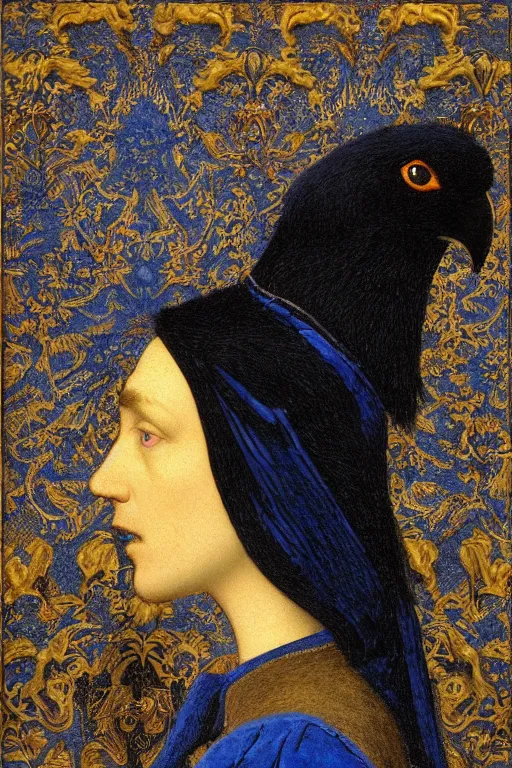 Image similar to portrait in profile of an anthropomorphic black crow wearing a blue velvet waistcoat, by Donato Giancola and John Bauer and Vermeer, gold embroidery, iridescent beetles, rich color, featured on Artstation, cgisociety, unreal engine, extremely detailed