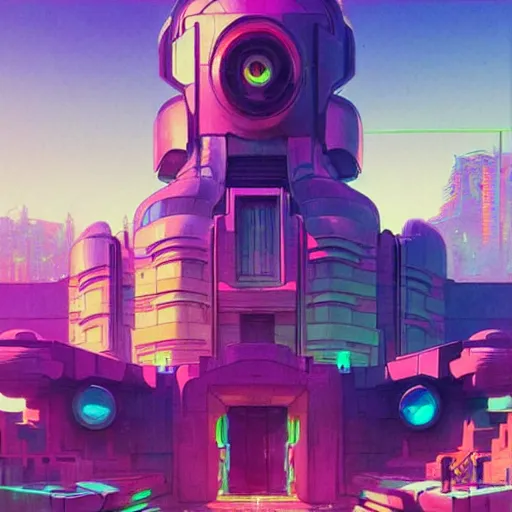 Image similar to street view of a cybernetic temple, vaporwave aesthetic, colorful, psychedelic, digital painting, artstation, concept art, smooth, sharp focus, illustration, art by artgerm and greg rutkowski and alphonse mucha