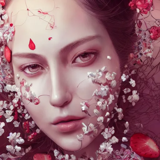 Image similar to the portrait of an absurdly beautiful, graceful, elegant, sophisticated, fashionable woman made of strawberries and white petals looking down, an ultrafine hyperdetailed illustration by kim jung gi, irakli nadar, intricate linework, bright colors, octopath traveler, final fantasy, unreal engine 5 highly rendered, global illumination, radiant light, detailed and intricate environment