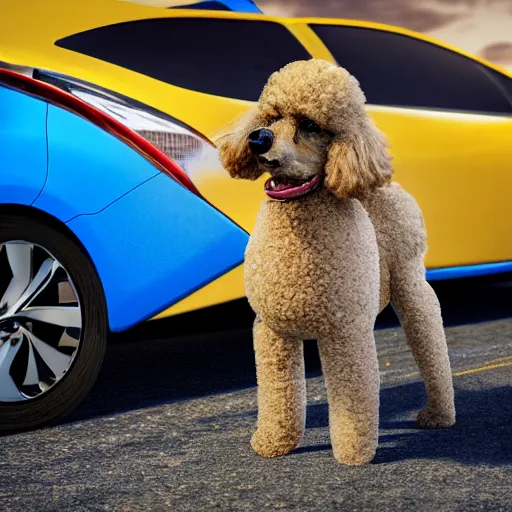 Image similar to a closeup photorealistic photograph of a poodle eating from a jar of mustard. toyota prius is in the background. professional capture. brightly lit scene. this 4 k hd image is trending on artstation, featured on behance, well - rendered, extra crisp, features intricate detail, epic composition and the style of unreal engine.