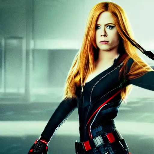 Image similar to movie still of Avril Lavigne as Black Widow, high quality, 4k