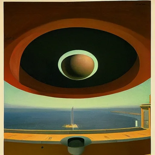 Image similar to giant spherical eye being lowered through the roof of a dome - shaped control center, grant wood, pj crook, edward hopper, oil on canvas