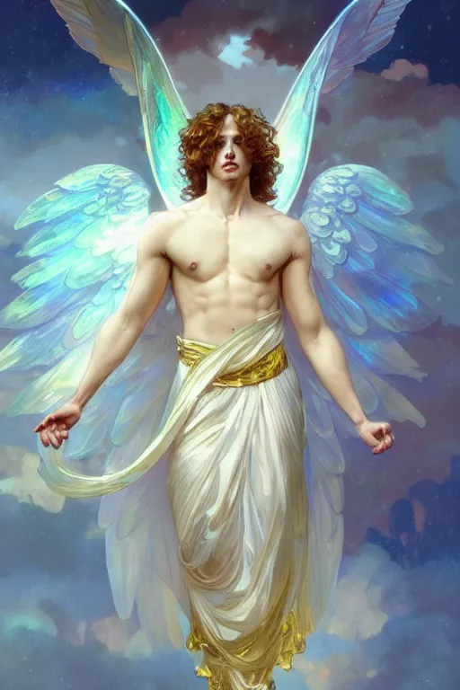 Prompt: fullbody portrait of a beautiful young fit male angel with curly blond hairs, full dressed in long fluent clothes, majestic big dove wings, luminous halo, by greg rutkowski and alphonse mucha, gradient white to gold, in front of an iridescent background, highly detailed portrait, digital painting, artstation, concept art, smooth, sharp focus illustration