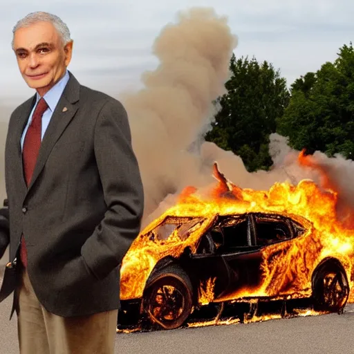 Image similar to ralph nader presidential campaign where he sets a bunch of cars on fire, green peace,