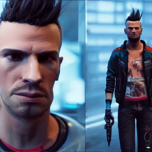 Prompt: cyberpunk 2 0 7 7, johnny silverhand, male, short, dark blonde hair, faux hawk, sock cap, artstation, style of marcin blaszczak, concept by lea leonowicz, in - game hair by bill daly, blender, zbrush, marvelous designer substance, 3 d painter photoshop, photoshop, maya