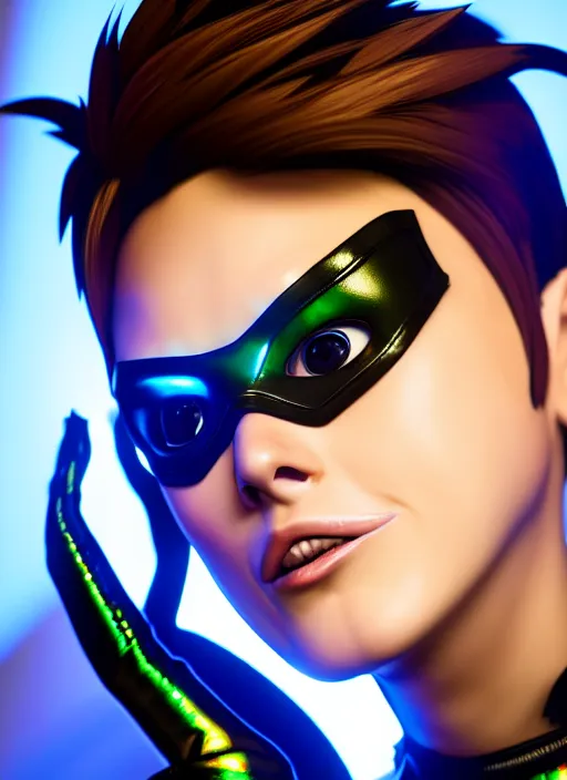 Image similar to hyperrealistic style portrait of tracer overwatch, confident pose, wearing black iridescent rainbow latex, 4 k, expressive happy smug expression, makeup, in style of mark arian, wearing detailed black leather collar, wearing sleek armor, black leather harness, expressive detailed face and eyes,