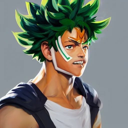 Prompt: greg manchess portrait painting of izuku midoriya as overwatch character, medium shot, asymmetrical, profile picture, organic painting, sunny day, matte painting, bold shapes, hard edges, street art, trending on artstation, by huang guangjian and gil elvgren and sachin teng