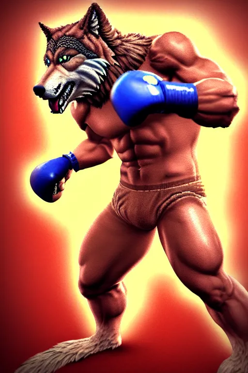 Prompt: extreme long shot. 8 bit nes graphics. antropomorphic muscular masculine wolf. kickboxer fighter, in shorts. wolf head. furr on body. art from nes game cartridge. octane render