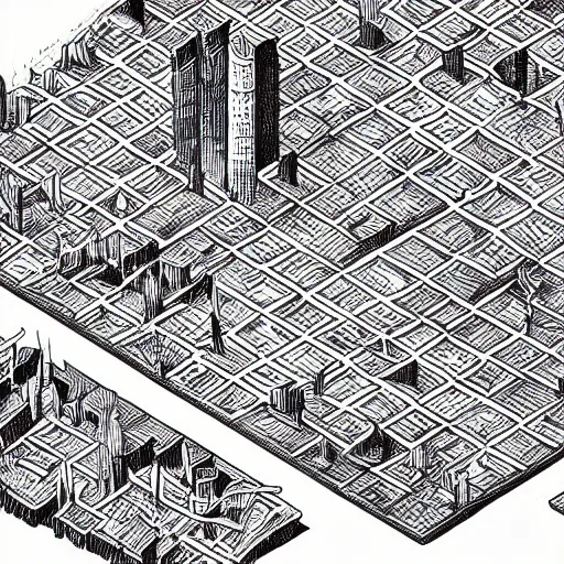 Image similar to a huge isometric map of a DnD fantasy world | hand drawn on grid paper | arial view , black and white,cracks,buildings,towers,perfect layout
