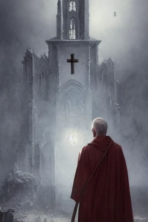 Image similar to A priest is trying to punish God for the death of his sister. He is getting ready to burn down the church, when supernatural forces start to torture him, horror, illustrated by Greg Rutkowski and Caspar David Friedrich., Trending on artstation, artstationHD, artstationHQ, 4k, 8k
