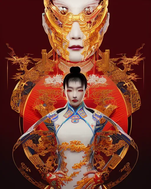 Image similar to portrait of a chinese cyberpunk machine, machine face, robed, upper half portrait, decorated with chinese opera motifs regal royal fierce machine robot cyberpunk fine china, wuxia, traditional chinese art intricate intense elegant highly detailed digital painting artstation concept art smooth sharp focus illustration, art by artgerm and greg rutkowski alphonse mucha 8 k