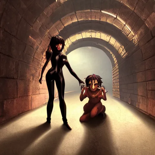 Prompt: a boy victim being intimidated by a succubus in a leather suit, devi wings, cracked brick wall, long hallway, light at the end of the tunnel, volumetric lighting, concept art, detailed, dramatic lighting, by hayao miyazaki