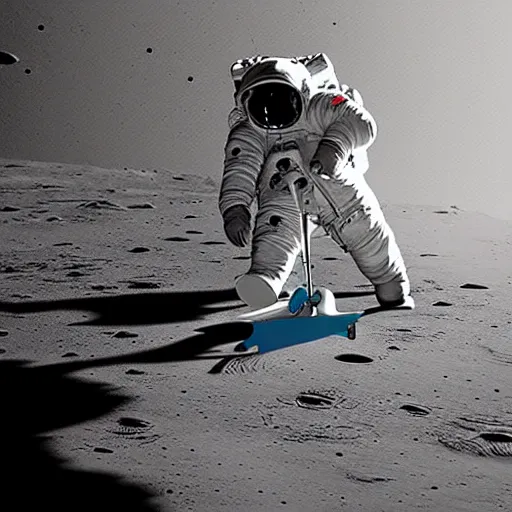 Image similar to an astronaut is skateboarding on the moon digital art