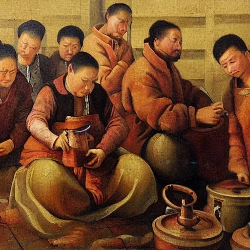 Image similar to renaissance oil painting of exploited chinese workers in an iphone manufacturing plant