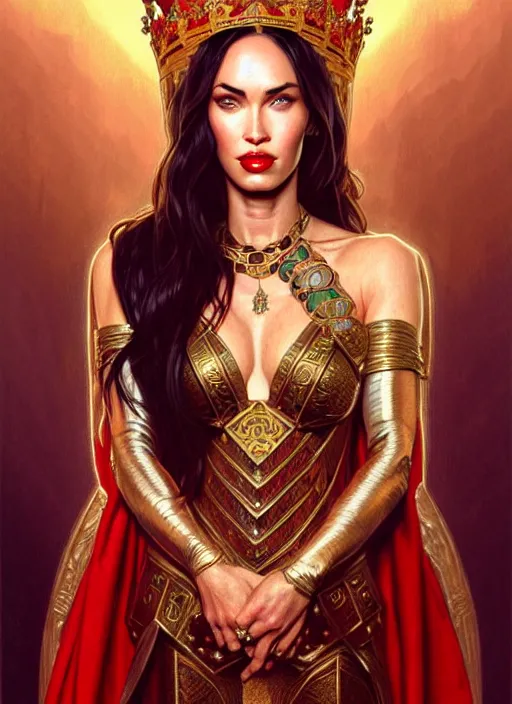 Image similar to portrait of megan fox as a queen, throne, jewelry, greek, ruby, intricate, headshot, highly detailed, digital painting, artstation, concept art, sharp focus, cinematic lighting, illustration, art by artgerm and greg rutkowski, alphonse mucha, cgsociety