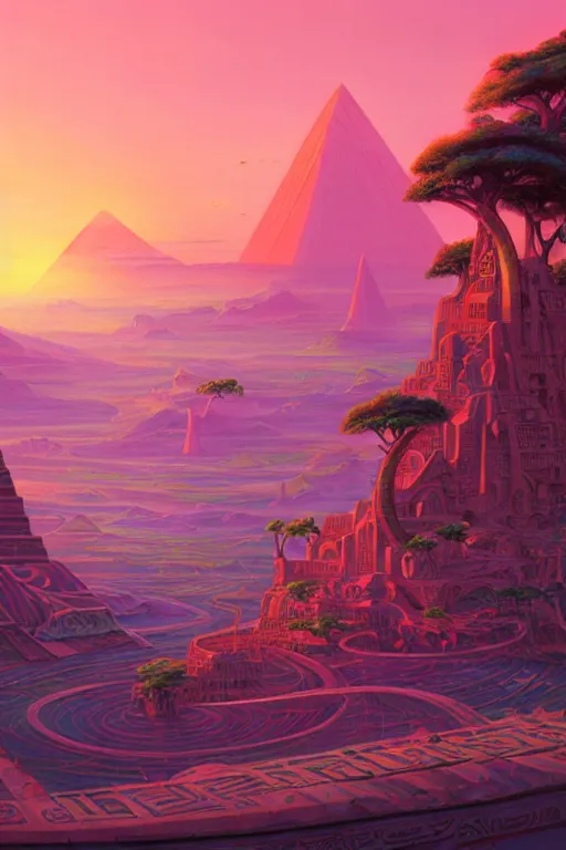 Prompt: Epic Afrofuturism landscape where Egyptian gods preside over distant temples, palaces, and ecotopia hydroponic installations , pink diffused skies, sunset, Zoomed out vast vista, HD, Pixar movie quality. Trending on DeviantArt, highly detailed, 2d game poster by Jesper Ejsing, by RHADS, Makoto Shinkaih and Lois van baarle, ilya kuvshinov, rossdraws, cinematic , hyper-realistic, depth of field, coherent, high definition, 8k resolution octane renderer,