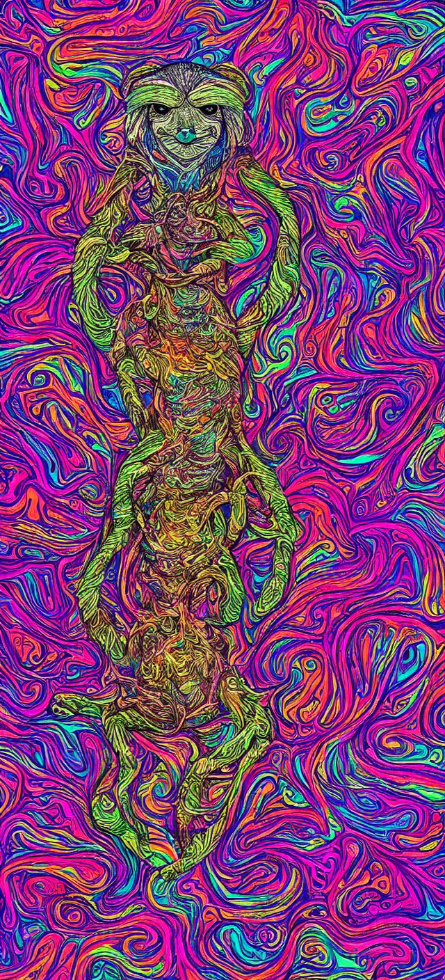 Prompt: “ psychedelic sloth, digital art, trending on artstation, incredibly detailed, vibrant, award winning, lsd, intricate ”