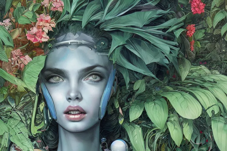 Image similar to gigantic robot - girl head floating in the space, a lot of exotic plants, trees, flowers, oldschool vintage sci - fi flat surreal grainy design, super - detailed, painting by kim jung gi, hd, 4 k, high quality