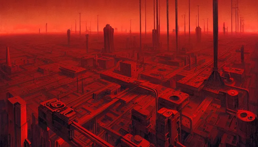 Image similar to a giant weird industrial zone with strange lights in the background, in the style of beksinski, by edward hopper and rodcenko and yue minjun and cory loftis, intricate and epic composition, red by caravaggio, highly detailed, masterpiece, artstation, art nouveau