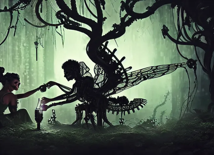 Image similar to silhouette of an intricate mechanical fairy with visible gears having tea with a cyborg winged horned demon medusa in a magical forest. Very detailed 8k. Fantasy cyberpunk horror. Sharp. Cinematic post-processing