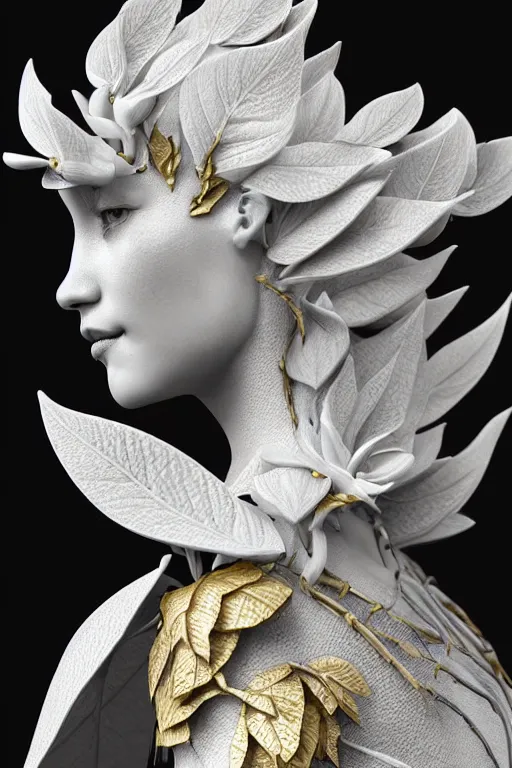 Image similar to bw close - up profile face, black background, beautiful young porcelain vegetal - dragon - cyborg - female, 1 5 0 mm, beautiful natural soft rim light, silver gold details, magnolia leaves and stems, roots, mandelbot fractal, elegant, ultra detailed, white metallic armour, octane render, dora maar