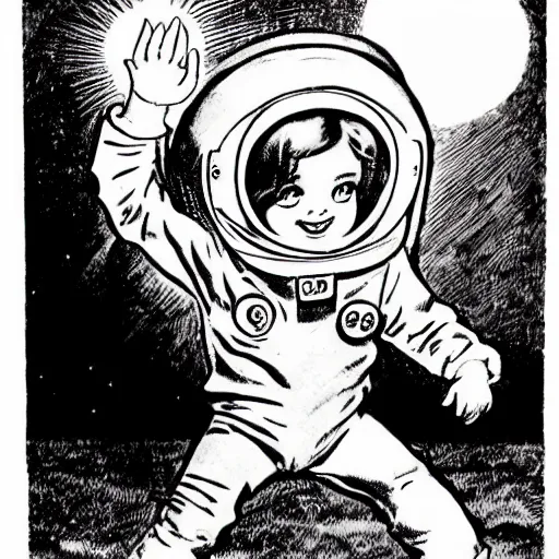 Prompt: a cute little girl with a mischievous face and short brown wavy curly hair. she is dressed as an astronaut. well composed, clean elegant painting, beautiful detailed face. comic book art by steve ditko and jack kirby and ( arthur rackham )