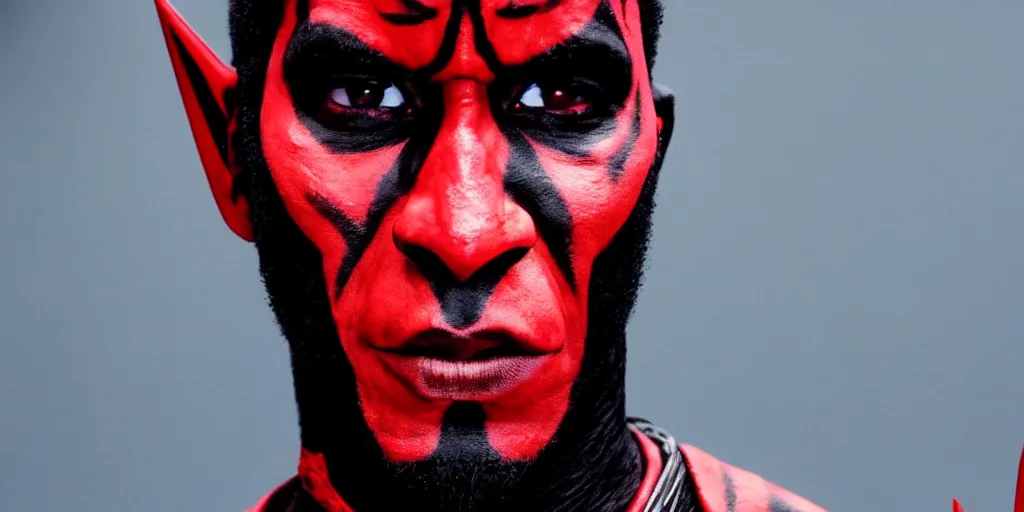 Image similar to a film still of a black man starring in a blockbuster film as darth maul from star wars, shallow depth of field, cinematic, award winning cgi, vfx, film still