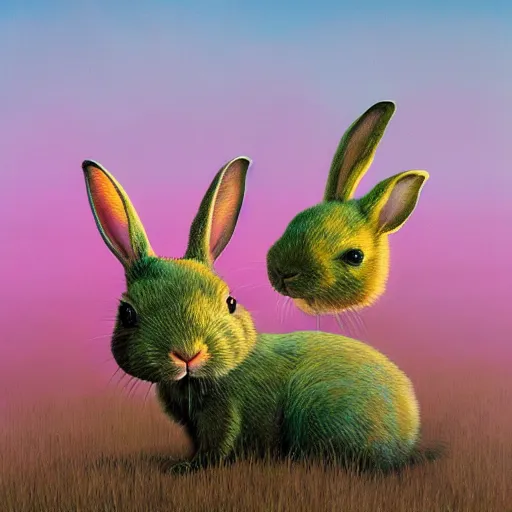 Prompt: adorable rabbits in verdant fields, delight! by zdzislaw beksinski and gediminas pranckevicius and tiffany bozic, cold hues, warm tone gradient background, concept art, beautiful composition, digital painting