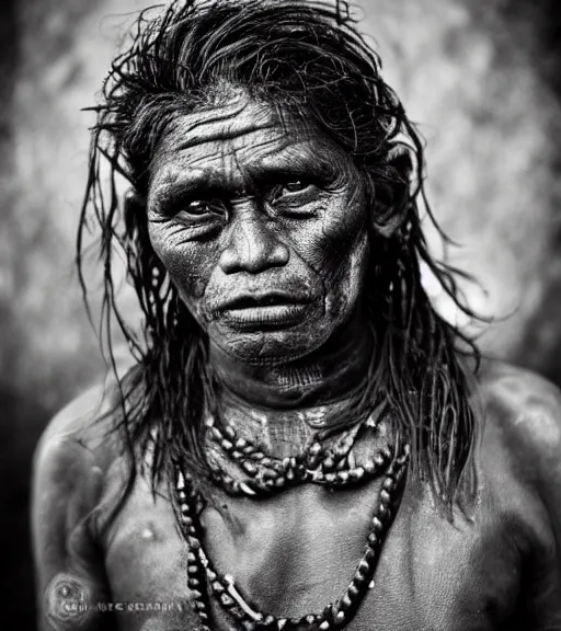 Image similar to Award winning reportage photo of Tuvalu Natives with incredible hair and beautiful hyper-detailed eyes wearing traditional garb by Lee Jeffries, 85mm ND 5, perfect lighting, gelatin silver process