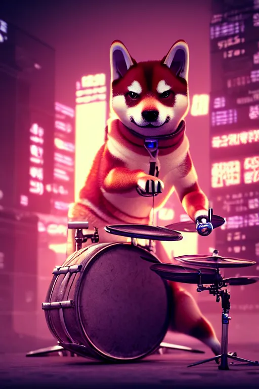 Image similar to high quality 3 d render very cute cyborg shiba inu plays drums, cyberpunk highly detailed, unreal engine cinematic smooth, in the style of blade runner & pixar, hannah yata charlie immer, moody light, low angle, uhd 8 k, sharp focus